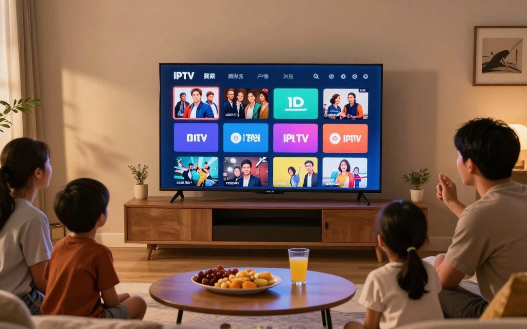 A modern living room scene featuring a family gathered around a Smart TV, joyfully browsing an IPTV app interface. The foreground displays a sleek coffee table with snacks and drinks. In the middle, the Smart TV screen showcases vibrant categories of channels, such as movies, sports, and news, visually represented with colorful icons. The background features a cozy, well-decorated room with warm lighting creating an inviting atmosphere. Soft shadows enhance the mood, while a wide-angle lens captures the family's expressions of excitement and curiosity. The overall ambiance reflects a sense of discovery in the diverse universe of content available through IPTV, focusing on accessibility and enjoyment.