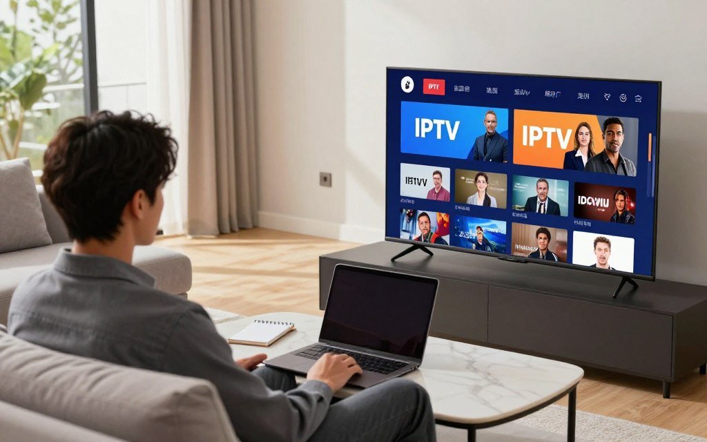 A modern living room scene featuring a professional-looking person, dressed in smart casual attire, sitting comfortably on a stylish couch while evaluating their IPTV subscription. In the foreground, have a Smart TV displaying a vibrant IPTV app interface, showcasing various channels and categories in an organized layout. The middle ground includes a sleek coffee table with a notepad and a laptop open, indicating research on subscription criteria. In the background, large windows let in warm, natural light, creating a welcoming and relaxed atmosphere. Use a slightly elevated angle to capture the setup, enhancing the sense of engagement with technology. Overall, evoke a mood of exploration and decision-making in the realm of IPTV services.