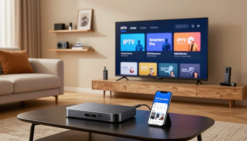A modern living room setting featuring a sleek Android TV box and a Firestick connected to a high-definition flat screen TV displaying the IPTV Smarters Pro interface. In the foreground, a stylish coffee table holds a remote control and a smartphone showing the IPTV Smarters app open on the screen, highlighting its user-friendly interface. The middle ground showcases a cozy sofa with plush pillows, while a decorative shelf in the background displays various tech gadgets and books. Soft, warm lighting enhances the inviting atmosphere, with a focus on showcasing the technology. A wide-angle view captures the entire scene, emphasizing the blend of modern entertainment and home comfort. The overall mood is relaxed and tech-savvy, reflecting current trends in home entertainment for 2026.