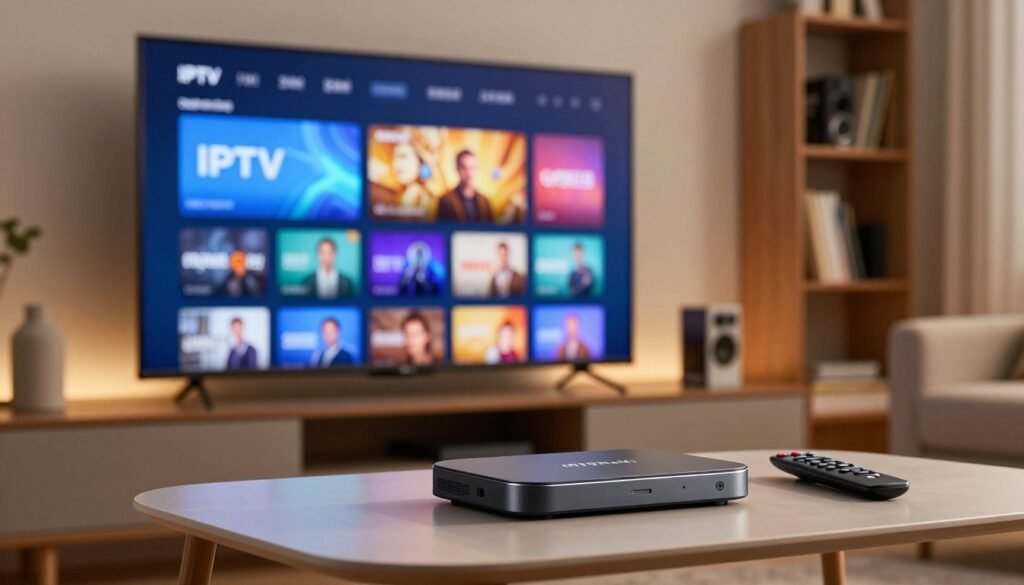 A modern living room setup featuring an Android TV displaying an IPTV configuration interface. In the foreground, a sleek Android TV box sits on a stylish coffee table next to a remote control. The middle ground shows a large flat-screen TV with a vibrant IPTV menu displayed, highlighting various channel options. Soft, ambient lighting enhances the cozy atmosphere, while a blurred bookshelf filled with tech gadgets and books fills the background. The scene captures a warm, inviting mood, ideal for family entertainment. The perspective is slightly angled to showcase the TV and surroundings clearly, with a focus on the IPTV interface.