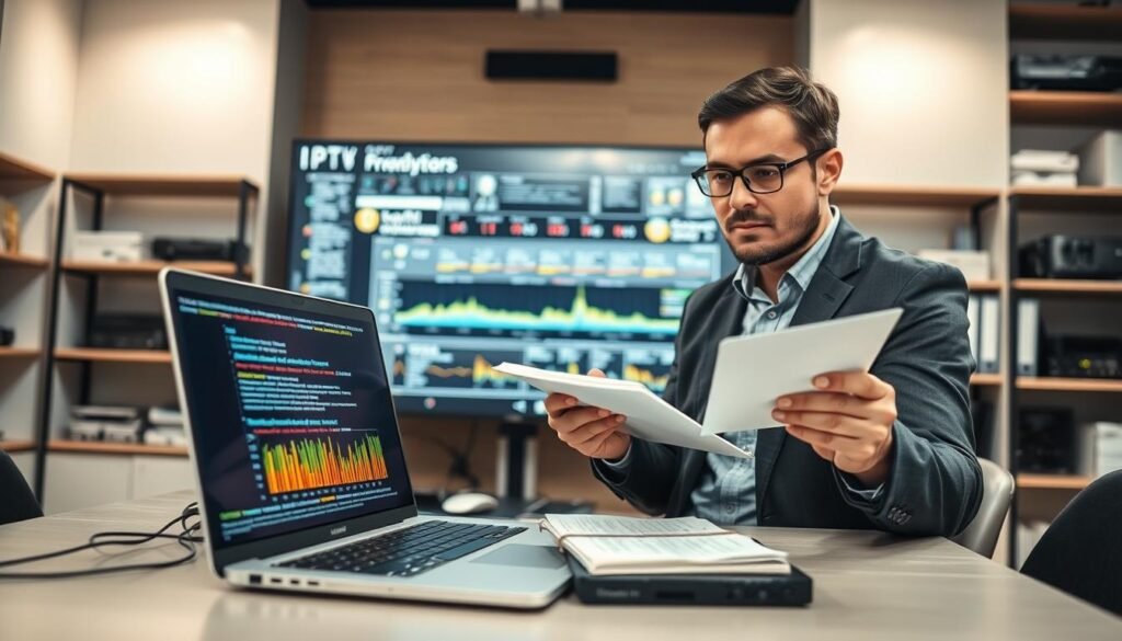 A detailed analysis of malfunctioning components of the IPTV Nox Pro system, set in a modern, well-lit tech office environment. In the foreground, there is an open laptop displaying complicated error codes and vibrant graphs representing streaming quality issues. Beside the laptop, a professional technician in smart casual attire is examining the screen with a thoughtful expression, holding a notepad filled with observations. The middle ground features a large digital monitor showcasing data analytics and a timeline of the bug report. In the background, shelves lined with tech manuals and devices contribute to a high-tech ambiance. The lighting is bright and focused, creating a sense of urgency and professionalism, with a soft blur effect to emphasize the analysis theme. The overall mood conveys technical challenge and problem-solving.