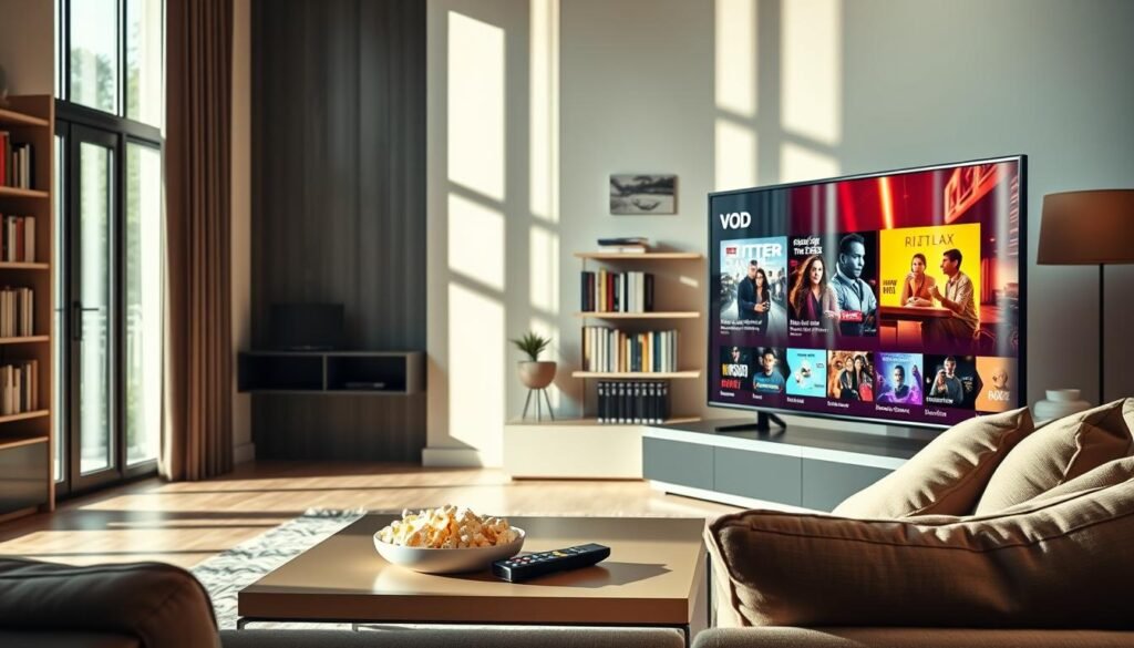 A modern and elegant living room scene illustrating a home entertainment setup. In the foreground, a sleek, large flat-screen TV displays various VOD options including movie posters and series thumbnails in vibrant colors. A stylish coffee table is adorned with a remote control and a bowl of popcorn. The middle area features a comfortable couch with plush cushions, inviting viewers to relax and enjoy. Natural light floods the room through large windows, casting soft reflections on the TV screen. In the background, shelves filled with DVDs and books create a cozy atmosphere. The overall mood is warm and inviting, perfect for families looking to enjoy on-demand content. The image is viewed from a slightly elevated angle, highlighting both the living area and the engaging display on the TV.