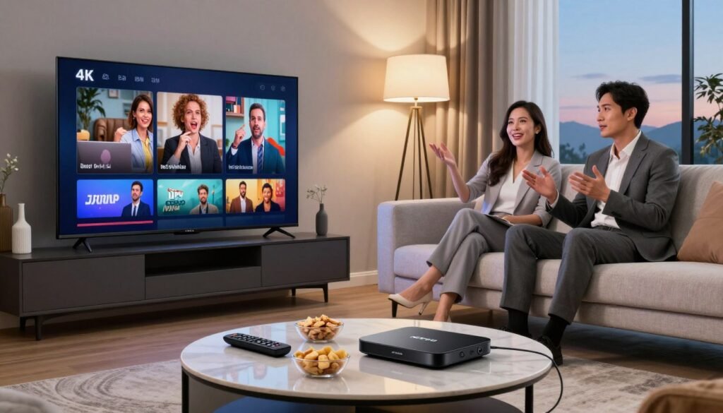 A modern living room setup showcasing a sleek 4K TV displaying vibrant, high-definition content. In the foreground, a stylish coffee table with remote controls, snacks, and an IPTV device labeled "IPTV PREMIER." The middle ground features a comfortable couch with a couple of people dressed in professional business attire, engaged in an animated discussion about their viewing experience. The background is adorned with elegant decor, soft lighting from a floor lamp, and a large window with a view of a serene evening sky. The mood is relaxed and inviting, encapsulating the essence of enjoying high-quality streaming in a contemporary home.
