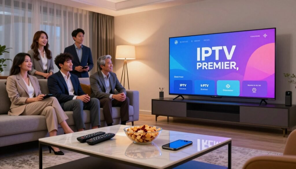 A modern, sleek living room setup featuring a high-definition TV screen displaying the logo "IPTV PREMIER," showcasing vibrant colors and a user-friendly interface. In the foreground, a coffee table is adorned with remote controls, a smartphone, and a bowl of snacks, emphasizing an inviting viewing experience. The middle layer includes a comfortable sofa where a diverse group of individuals, dressed in professional business attire, are engaged in their favorite shows, expressing enjoyment and connection. The background captures a well-lit room, with soft ambient lighting creating a relaxed atmosphere. The overall mood is one of sophistication and comfort, highlighting the premium nature of IPTV services, contrasting the standard offerings of traditional television.