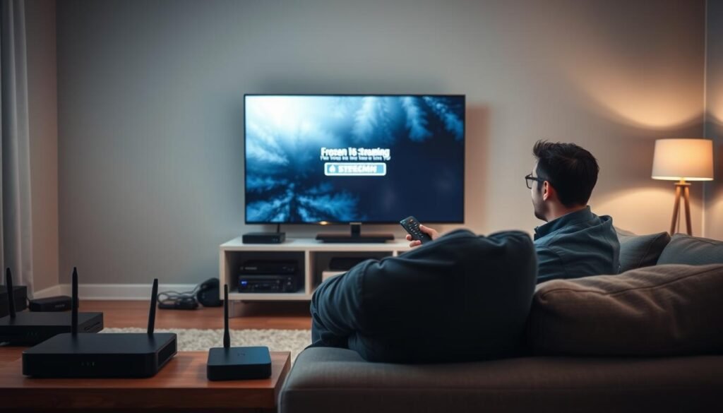 A scene depicting common issues faced with "iptv nox pro" streaming. In the foreground, a modern living room with a person seated on a cozy couch, looking frustrated while holding a remote control, dressed in professional casual attire. The middle ground features a large flat-screen TV displaying a frozen streaming error message, surrounded by various technical gadgets like routers and streaming devices. The background captures a soft, ambient lighting with a slight glow from a lamp, creating a warm yet tense atmosphere. The color palette is a blend of grays and blues to evoke a sense of frustration but also comfort. The image conveys the struggle of troubleshooting modern technology in a home setting.
