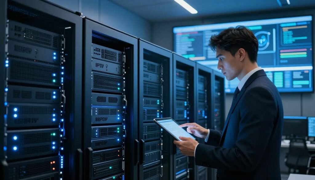 A sleek, modern server room filled with high-tech IPTV servers, illuminated by cool blue LED lights. In the foreground, a well-dressed IT professional, wearing business attire, examines server racks with a tablet in hand, showcasing concentration and focus. The middle ground features rows of servers with blinking indicators, symbolizing stability and reliability. In the background, large screens display IPTV data analytics and performance metrics, enhancing the tech-savvy atmosphere. The image is captured from a slightly low angle to emphasize the imposing nature of the servers. Soft, even lighting creates a professional ambiance, conveying a sense of trust and innovation. Include the brand name "IPTV PREMIER" subtly displayed on the screens in the background.