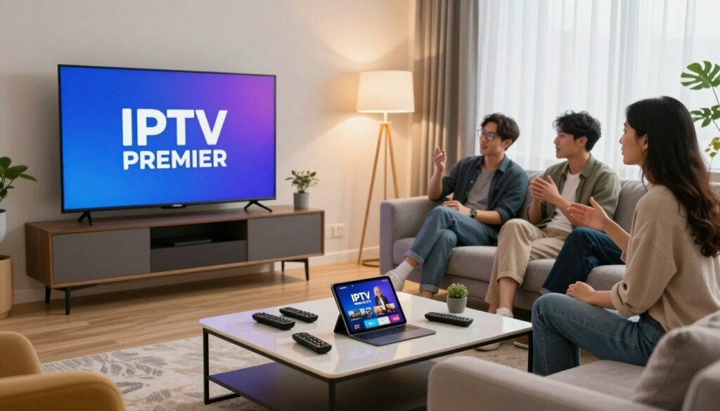 A vibrant, modern living room furnished with sleek, contemporary furniture, featuring a large flat-screen TV displaying the logo "IPTV PREMIER". In the foreground, a stylish coffee table is scattered with remote controls and a tablet streaming content, hinting at the ease of use. The middle ground shows friends, dressed in casual but smart attire, engaged in lively conversation while enjoying their viewing experience. Natural light floods the room, creating a warm and inviting atmosphere, accentuated by soft, ambient lighting from floor lamps. The background features decorative elements like framed pictures and plants, enhancing the homely feel. The overall mood is one of comfort and shared enjoyment, ideal for discussing the best IPTV services in 2026.