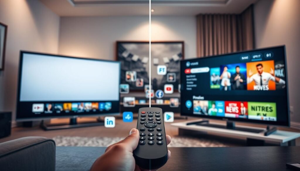 A visually striking comparison image illustrating the difference between standard and premium IPTV services. In the foreground, two neatly designed televisions show different streaming interfaces: the left screen displays a standard IPTV interface with a simple, cropped layout, while the right screen showcases a premium IPTV interface featuring high-resolution images and a vibrant, user-friendly design. The middle ground contains a stylish remote control, hinting at user interaction, surrounded by a digital backdrop of icons representing popular streaming content like movies and sports. In the background, a modern living room with soft lighting sets a cozy, inviting atmosphere. The camera angle is slightly oblique, emphasizing the contrast between the two services. The overall mood is informed and engaging, reflecting a professional analysis of IPTV differences.