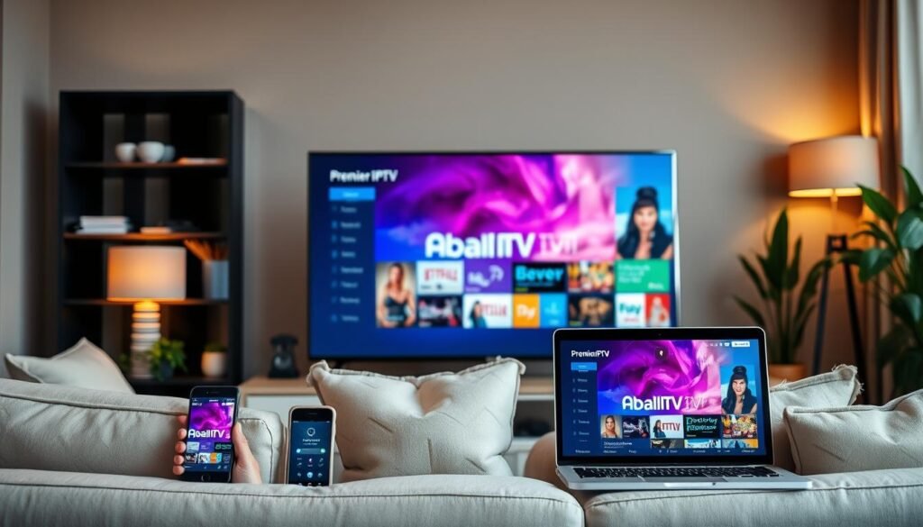 A modern living room scene showcasing a Smart TV displaying a vibrant IPTV interface, featuring adult channels in a tastefully artistic manner. In the foreground, a sleek Smart TV is positioned prominently on a stylish entertainment unit, with the Premier IPTV logo visible on the screen. Beside it, a mobile device and a laptop open to the same IPTV service, emphasizing cross-device compatibility. The middle ground includes a comfortable sofa adorned with plush pillows, creating a relaxed ambiance. In the background, soft ambient lighting from decorative lamps casts a warm glow, enhancing the inviting atmosphere. The room is decorated with contemporary decor and plants, suggesting a homey yet sophisticated vibe suitable for a tech-savvy audience. The composition captures a sense of modern connectivity across devices, focusing on lifestyle integration without clutter.