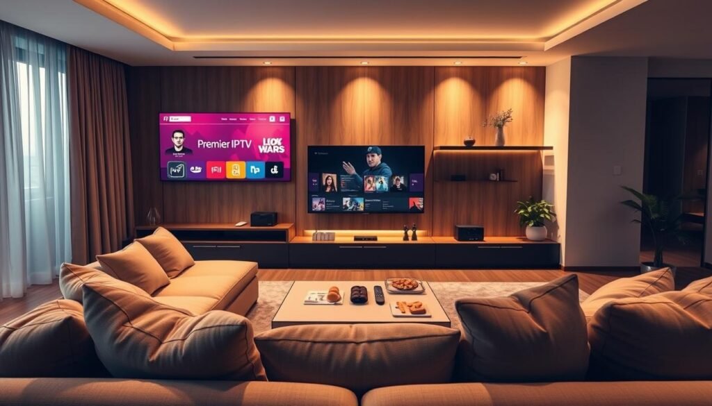 A sleek living room setting designed for an optimal viewing experience, showcasing the "Premier IPTV" platform on a large, modern flat-screen TV. In the foreground, a comfortable sofa with plush cushions invites viewers to relax. The middle layer features a stylish coffee table with remote controls and snacks, emphasizing the user-friendly experience. In the background, a well-lit entertainment center displays streaming devices and a decorative plant, suggesting a contemporary atmosphere. Soft, warm lighting creates a cozy ambiance, while the angle captures the entire room, highlighting the integration of technology into daily life. The mood is inviting and engaging, perfect for illustrating a sophisticated IPTV experience.
