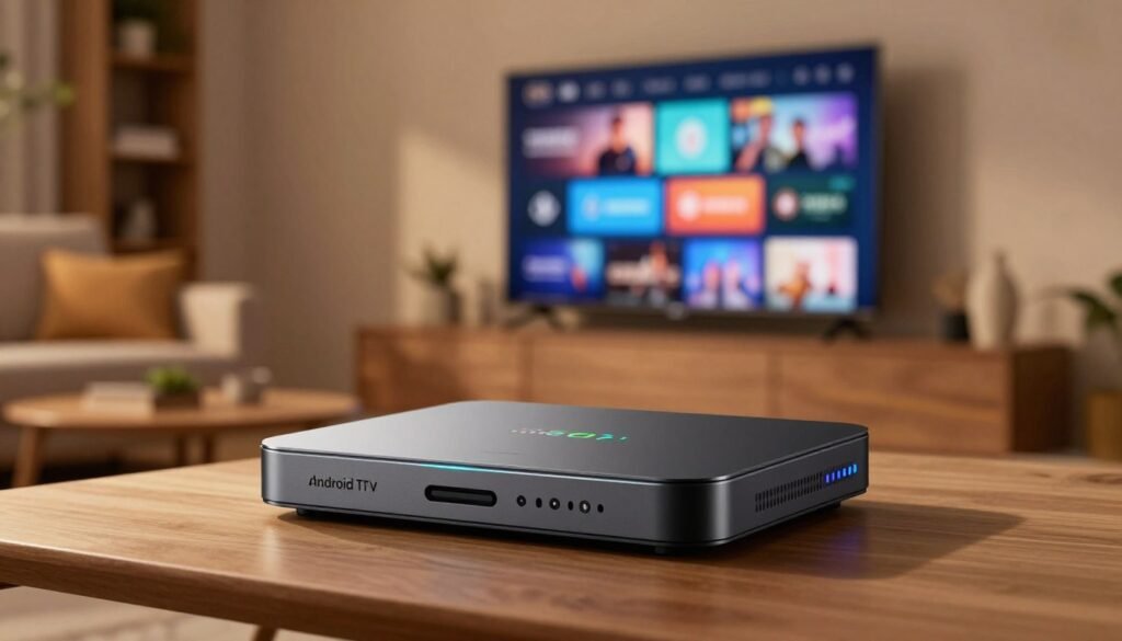 A sleek, modern Android TV box placed prominently in the foreground, showcasing its streamlined design with vibrant LED indicators. Surround the box with visual elements representing optimized IPTV subscriptions, such as abstract icons of streaming services. In the middle ground, include a stylish living room setting with a large television displaying colorful streaming content, hinting at an immersive viewing experience. The background features soft-focus decor elements like bookshelves and comfortable seating, creating a cozy atmosphere. Use warm lighting to evoke a welcoming and engaging mood, with soft shadows casting across the scene. A dynamic angle, capturing a slight upward tilt towards the TV, highlights the tech-savvy ambiance of the space.