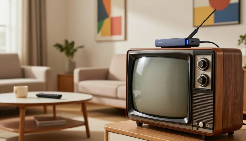 A vintage television set, prominently displayed in the foreground, showcasing its classic wood finish and rounded screen, partially transformed with modern smart technology—a sleek streaming device attached, glowing with LED lights. In the middle ground, the living room setting features a cozy sofa and a stylish coffee table adorned with a remote control and modern gadgets, emphasizing a blend of old and new. The background captures a wall adorned with contemporary art, creating a vibrant contrast with the antique television. Soft, warm light filters in through a window, casting gentle shadows, evoking a nostalgic yet innovative atmosphere. The image should have a clear focus, showcasing the transformation from the old-fashioned TV to a connected device, highlighting the potential of updating technology in a comfortable home setting.