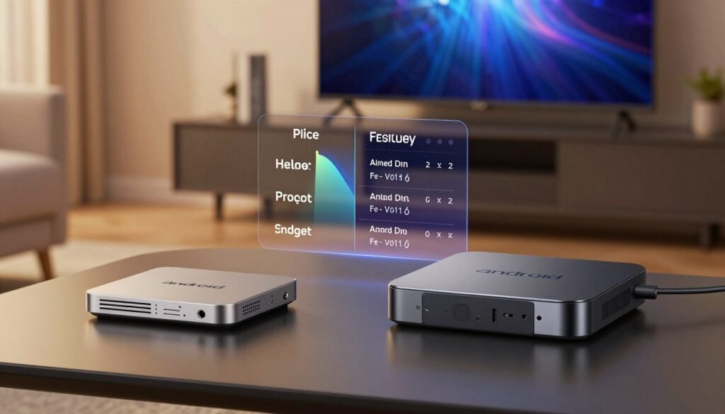 A visually engaging comparison of entry-level and high-end Android IPTV boxes, set on a sleek, modern table. In the foreground, two distinct boxes represent the budget and premium categories, showcasing their sizes and designs. The entry-level box features a simple, compact design in neutral colors, while the high-end box gleams with a futuristic aesthetic and additional ports. In the middle ground, an abstract chart outlines key features like price, performance, and user reviews, providing a clear visual distinction. The background should feature a soft-focus living room setting with a large TV, creating a cozy, tech-savvy atmosphere. The scene is illuminated with warm, even lighting to enhance the colors of the devices, captured from a slightly elevated angle for clarity and depth.