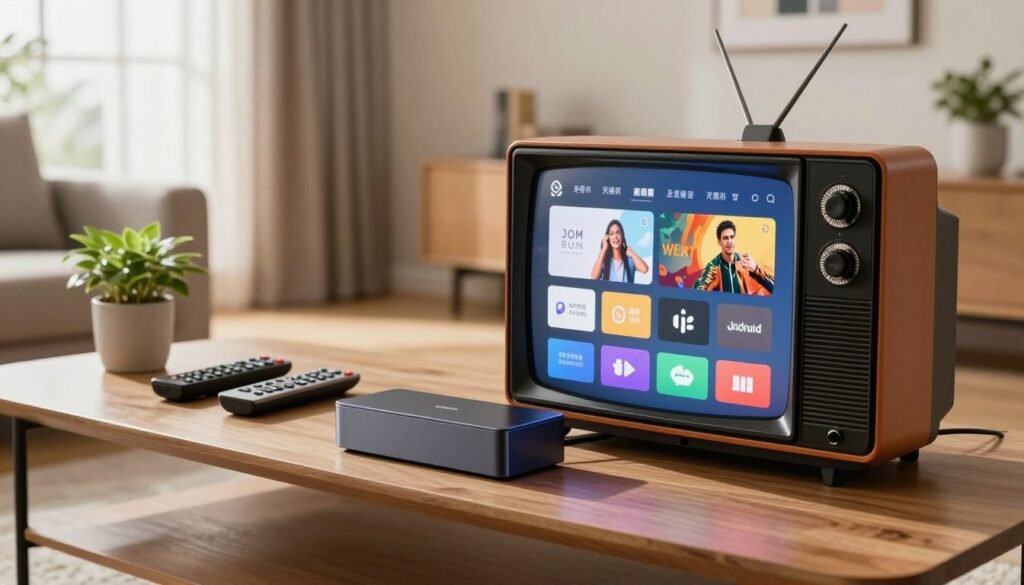 An old-fashioned television screen sits prominently in the foreground, transformed with a sleek, modern Android box connected to it. The TV's vintage styling contrasts with the contemporary device, showcasing a vibrant user interface on the screen, displaying various streaming apps. In the middle, a comfortable living room setting features a stylish coffee table adorned with remote controls and a potted plant, exuding a cozy atmosphere. Soft natural light filters in through a nearby window, creating a warm ambiance. The background hints at a modern decor, with minimalistic furniture and subtle wall art. The angle emphasizes the relationship between the old TV and the new technology, capturing the transformation theme, while maintaining a professional and inviting mood that highlights the potential of upgrading old screens into connected devices.